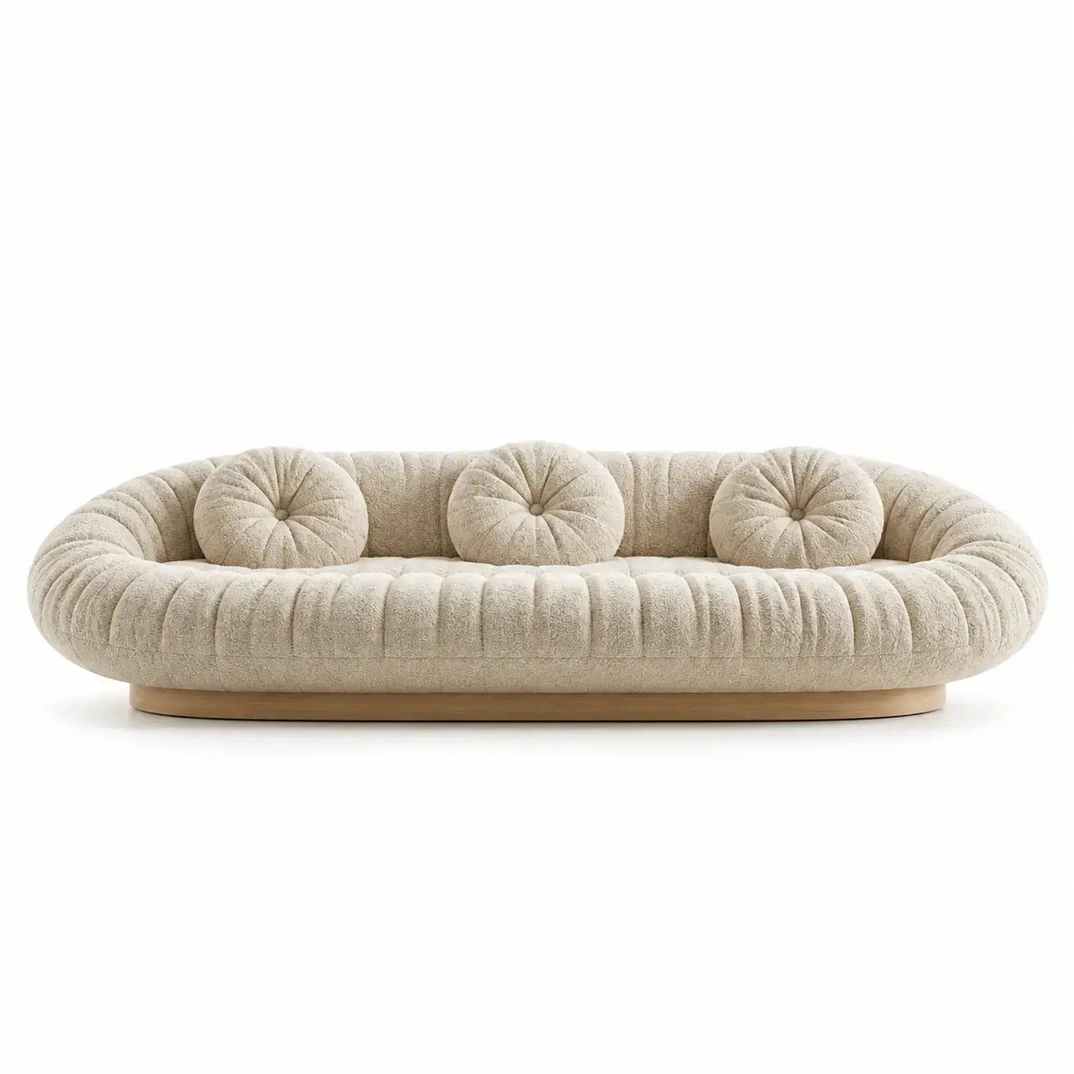 Rundad soffa med veckad klädsel – beige