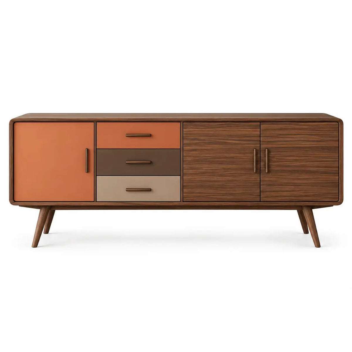 Skänk med lådor och asymmetriska luckor – brun/orange/beige