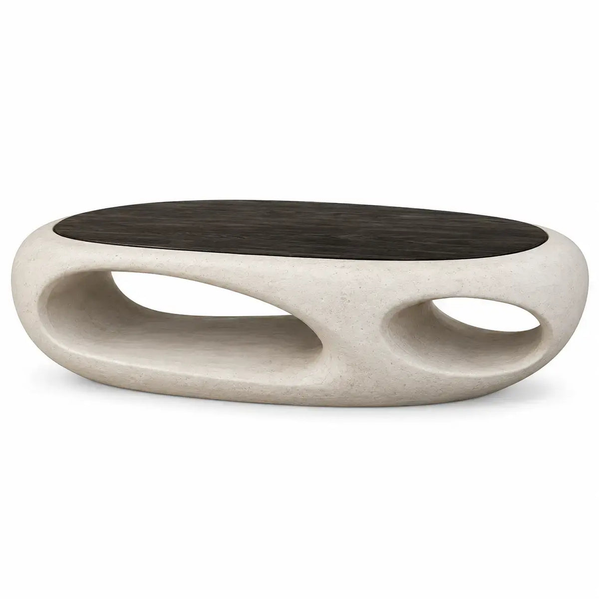 Ovalt soffbord med skulptural öppen bas – beige/svart